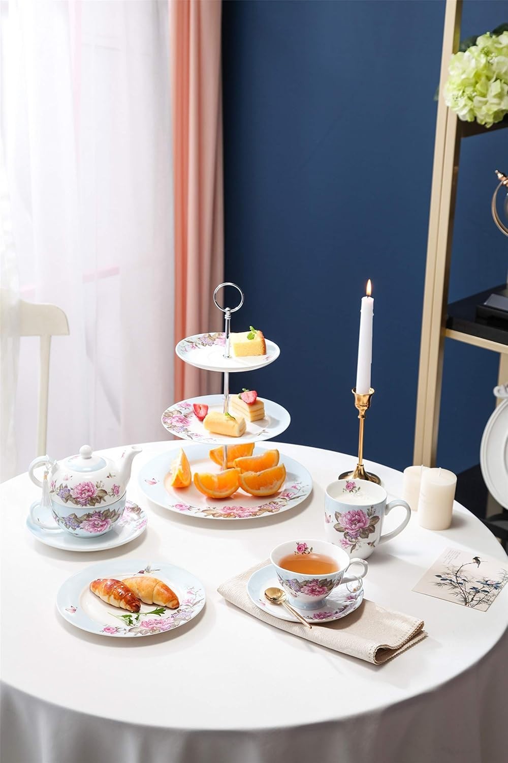 Tea For One Teapot Cup Saucer Set Blue Floral Bird Rose Gift Box