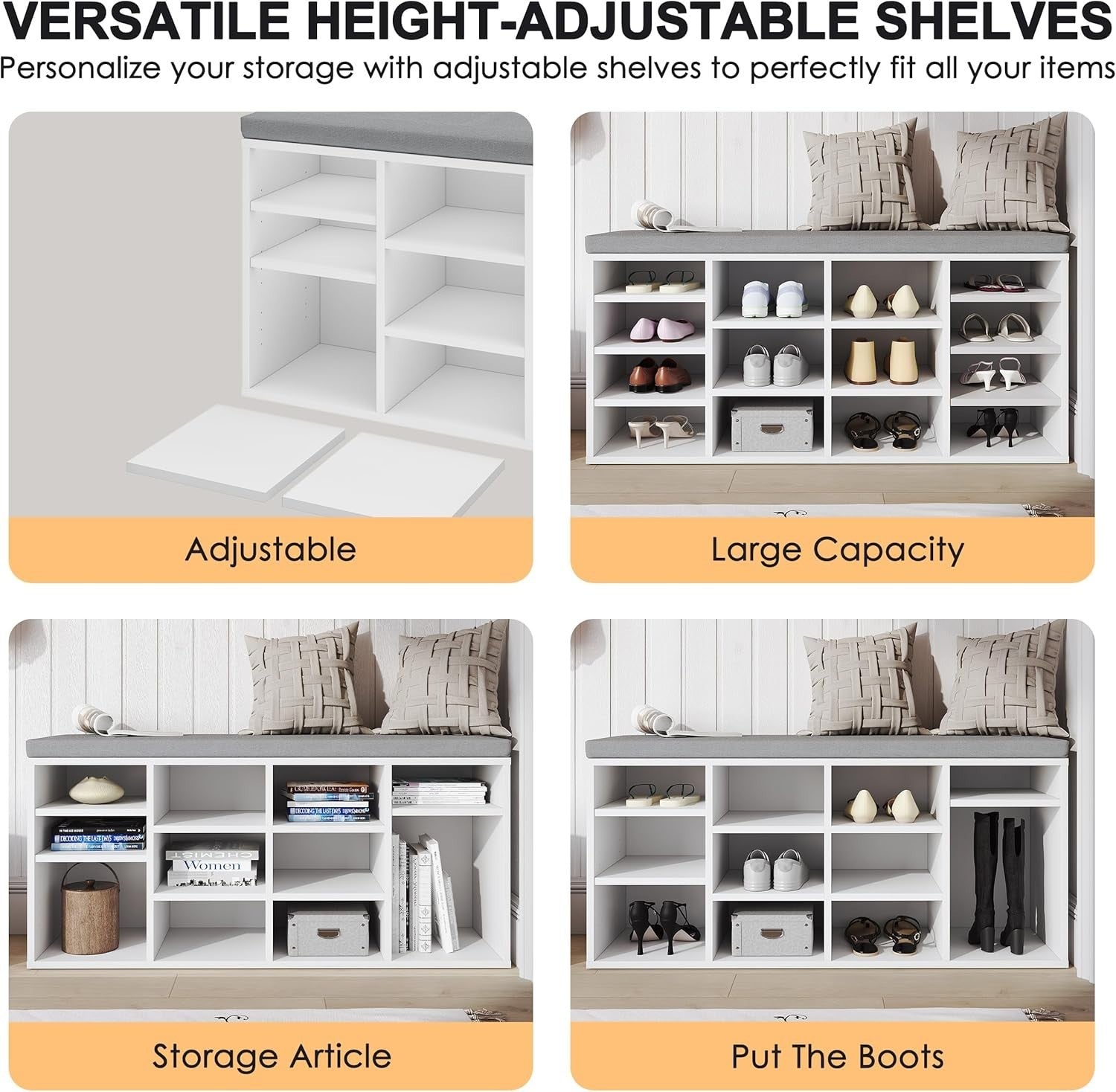 White Shoe Storage Bench with Padded Seat, 14 Compartments, Adjustable Shelves