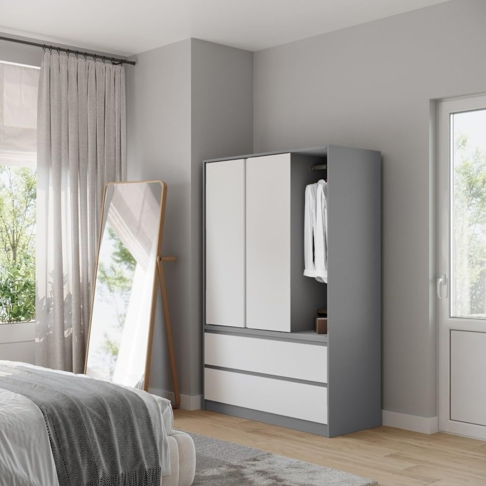 White Sliding Door Wardrobe with 4 Drawers & Hanging Rail – Space Saving