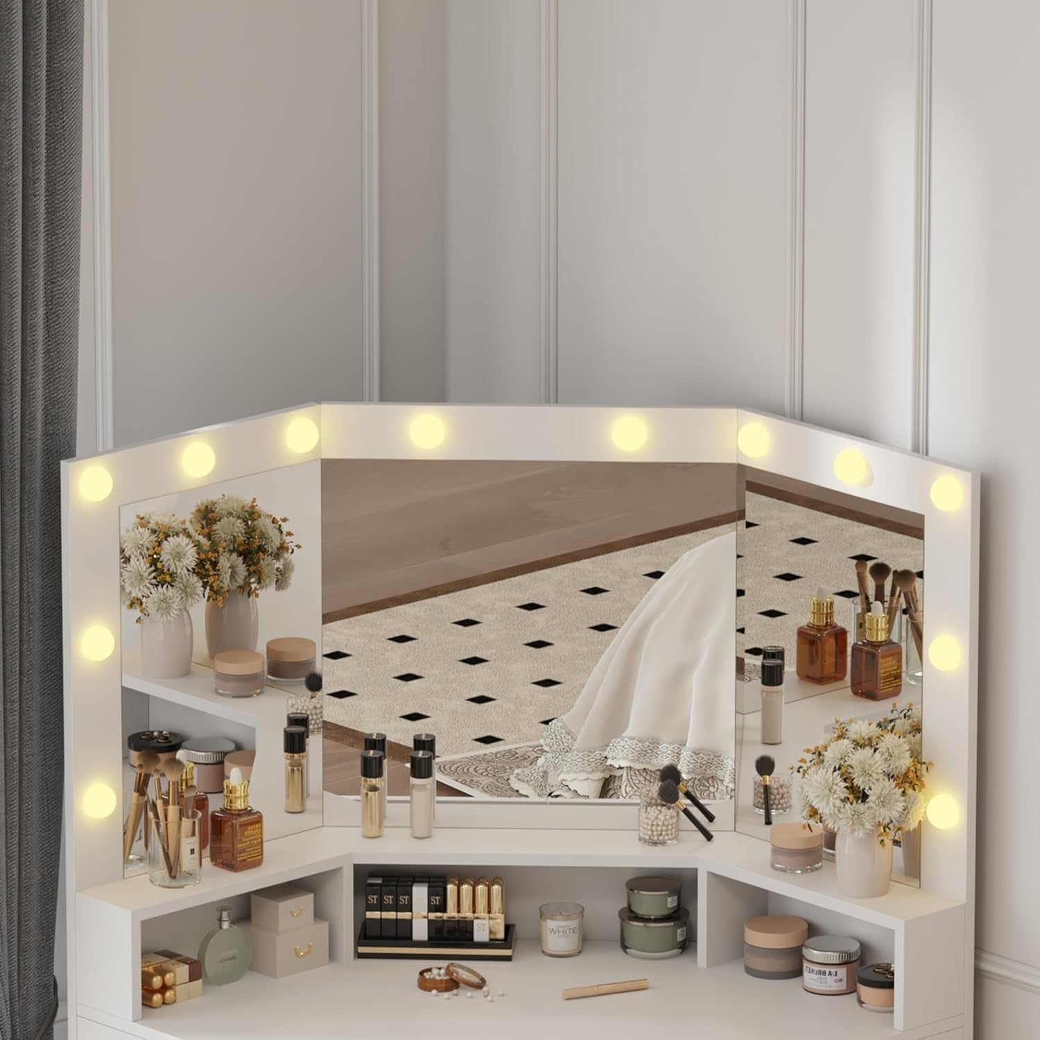 Corner Dressing Table White Makeup Vanity Desk LED Lights 3 Mirror Storage