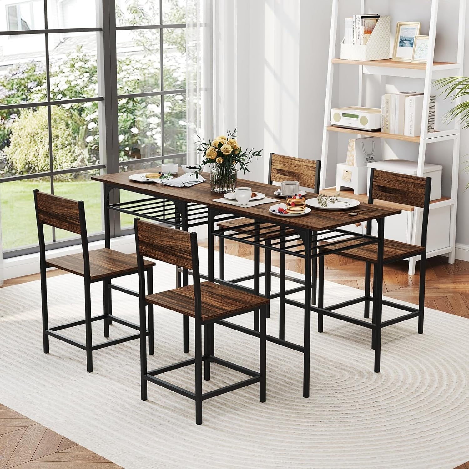 3-Piece Rustic Brown Bar Table Set with 2 Stools & Storage Rack Dining Furniture