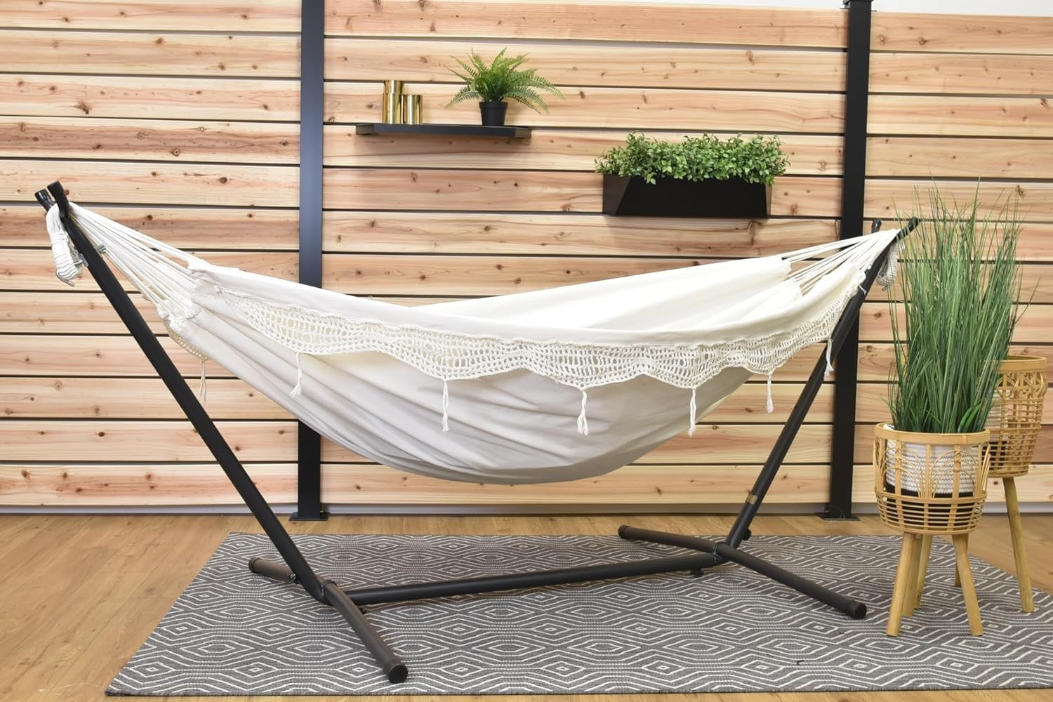 Double Cotton Hammock with Stand – 280cm Adjustable Frame, 2 Person Garden Bed