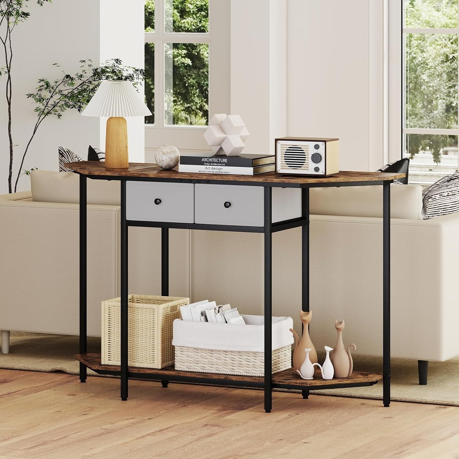 Industrial Console Table 130cm with 2 Drawers & Storage Shelf, Sturdy