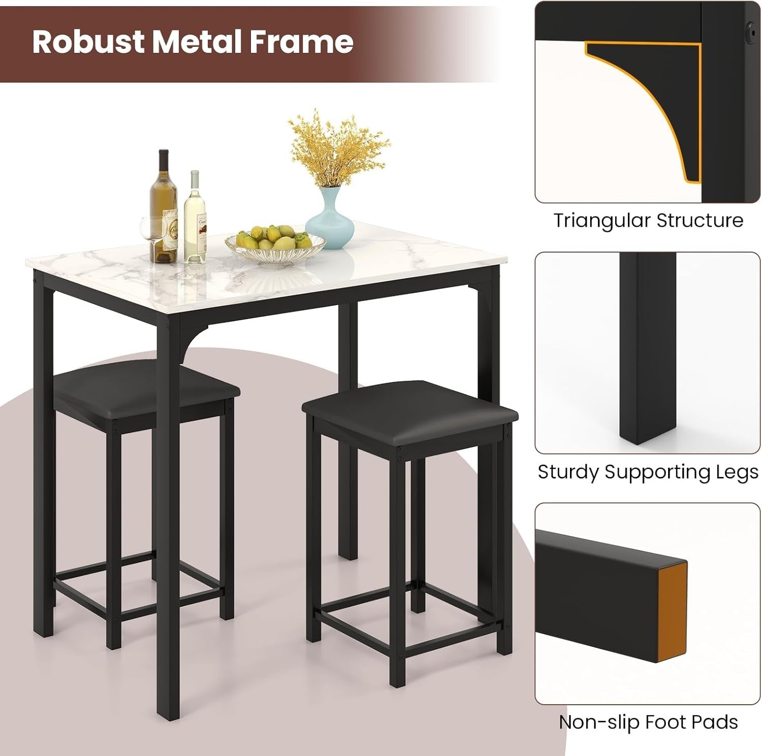 3-Piece Bar Table Set Marble Top & 2 Stools Space-Saving Dining White Furniture