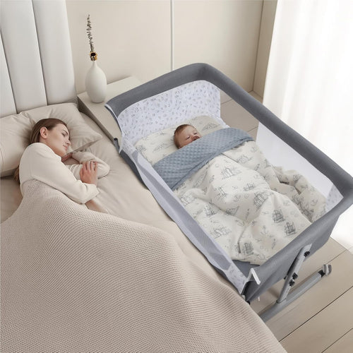3in1 Baby Crib Bassinet Adjustable Travel Cot with Mattress & Storage Grey A