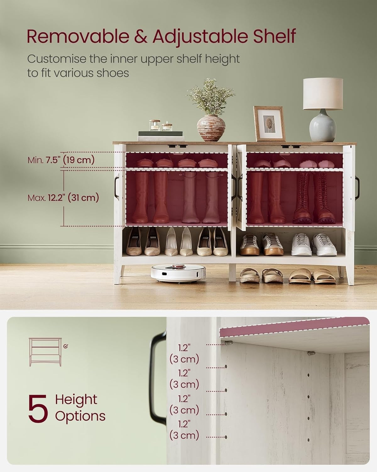 Rustic White Shoe Cabinet 120x35x70.5cm Adjustable Shelf 12-18 Pairs Storage