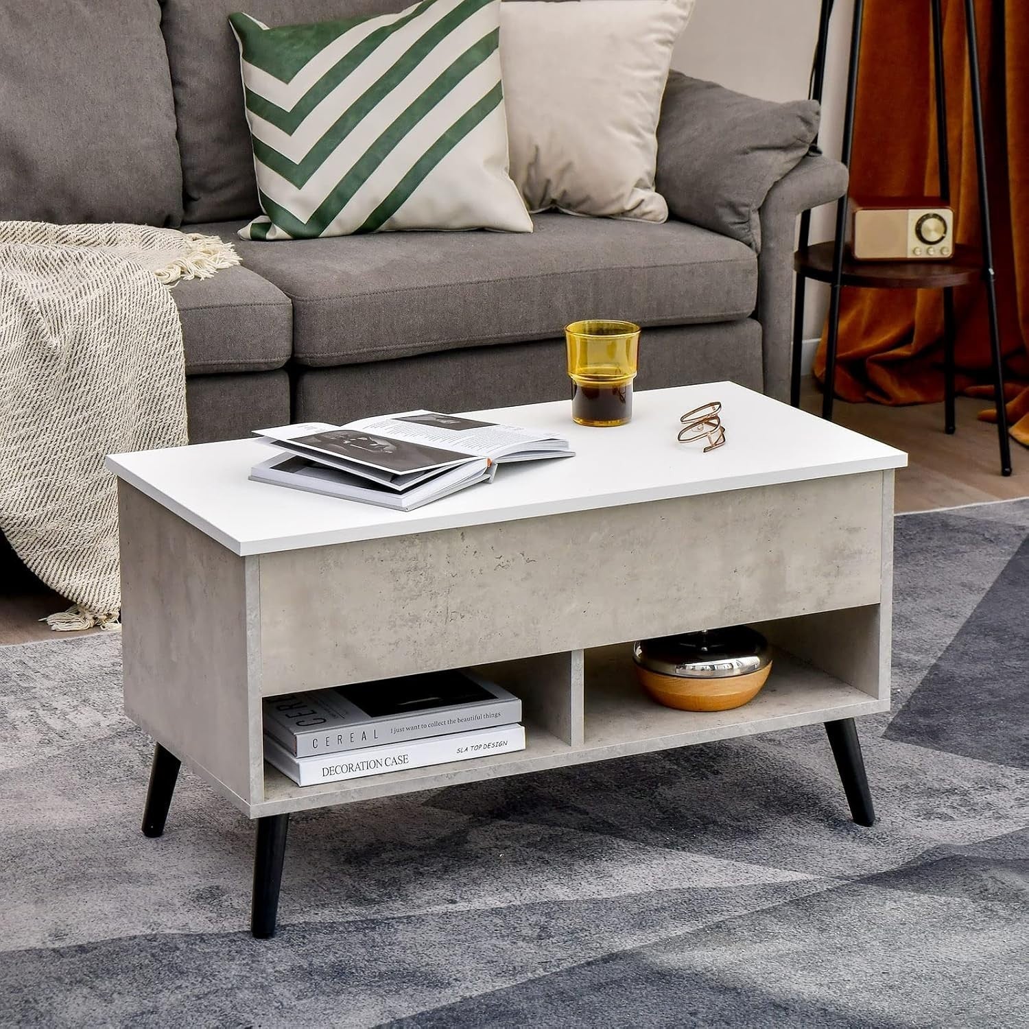 Grey Lift Top Coffee Table with Storage & Shelves – Adjustable, 80cm Modern