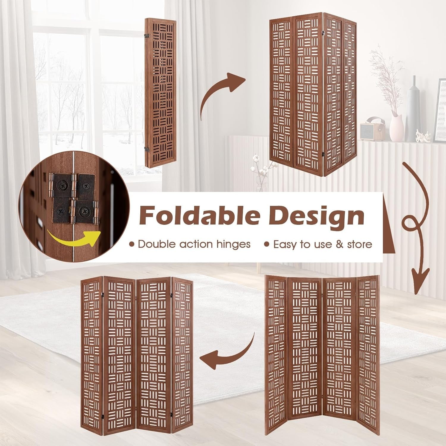 4 Panel Brown Carved Wood Folding Room Divider Privacy Screen 160x165cm