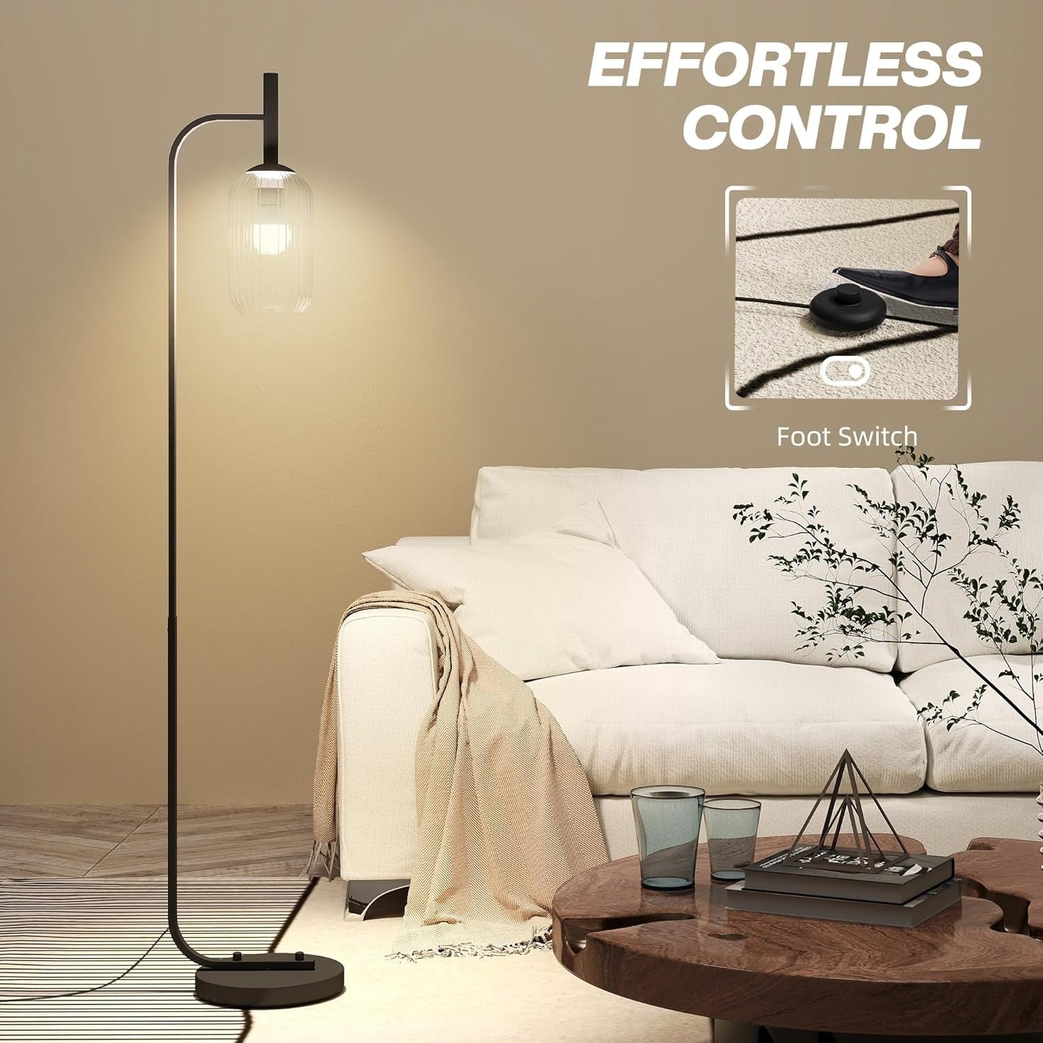Modern Floor Lamp Glass Shade Standing Light Foot Switch Living Room Bedroom