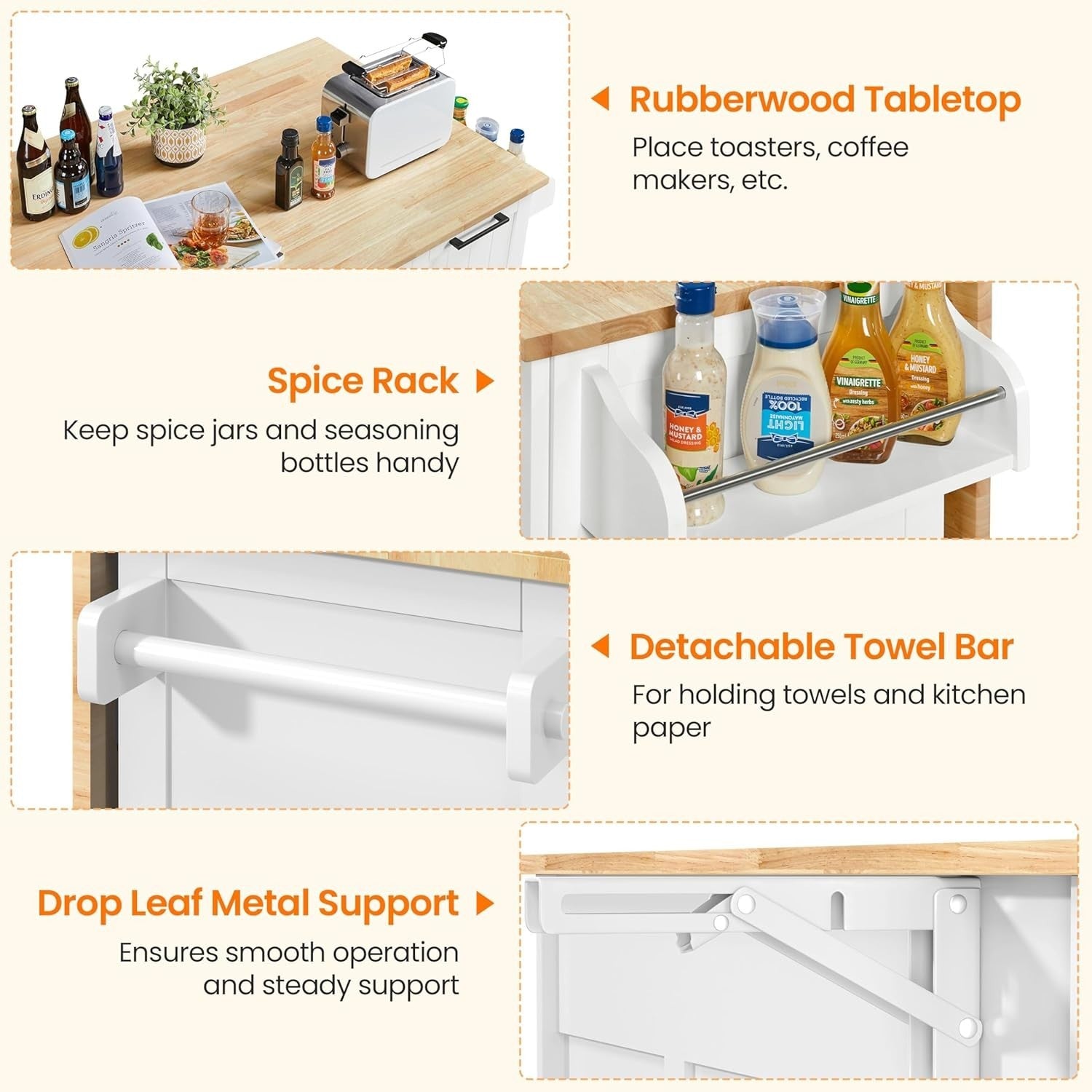 Kitchen Island Cart Drop-Leaf Bar Table Storage Cabinet Drawers on Wheels White