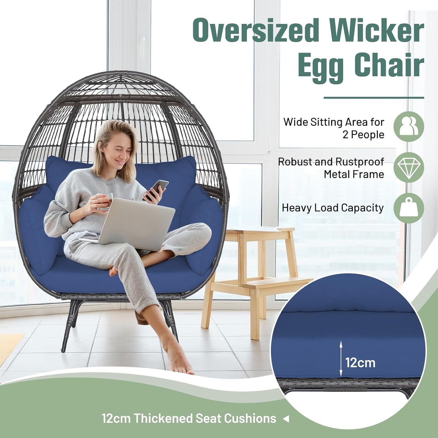 Navy Two Seater Rattan Egg Chair Oversized Cushioned Freestanding Lounger
