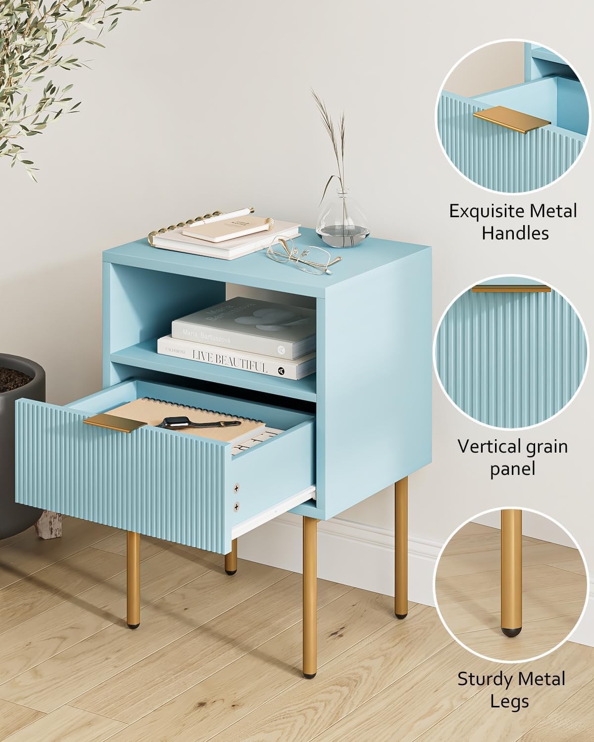 Modern Blue Bedside Table with Drawer & Shelf | Gold Legs Nightstand