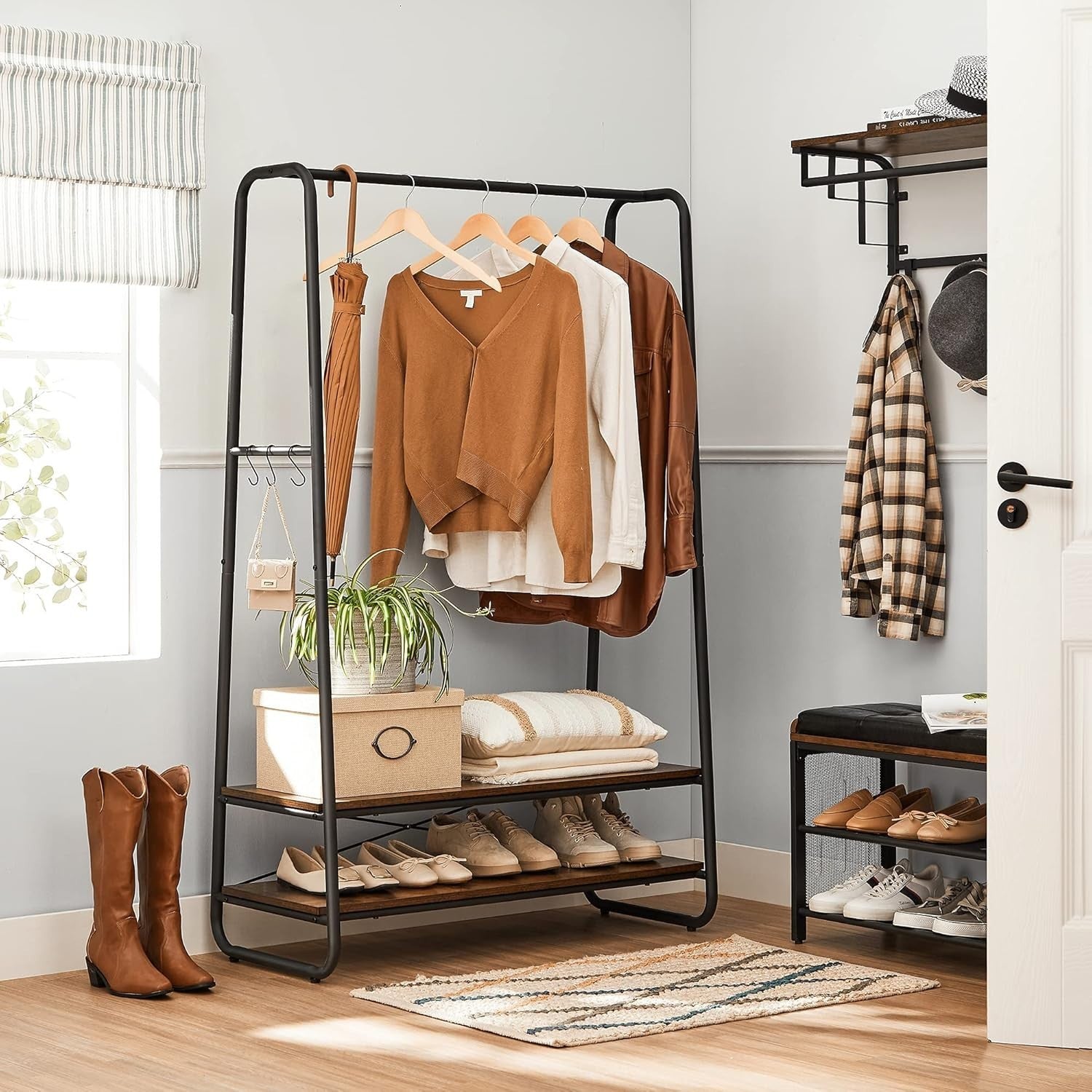 Heavy Duty Clothes Rail with Shelves & Hooks Rustic Brown Black