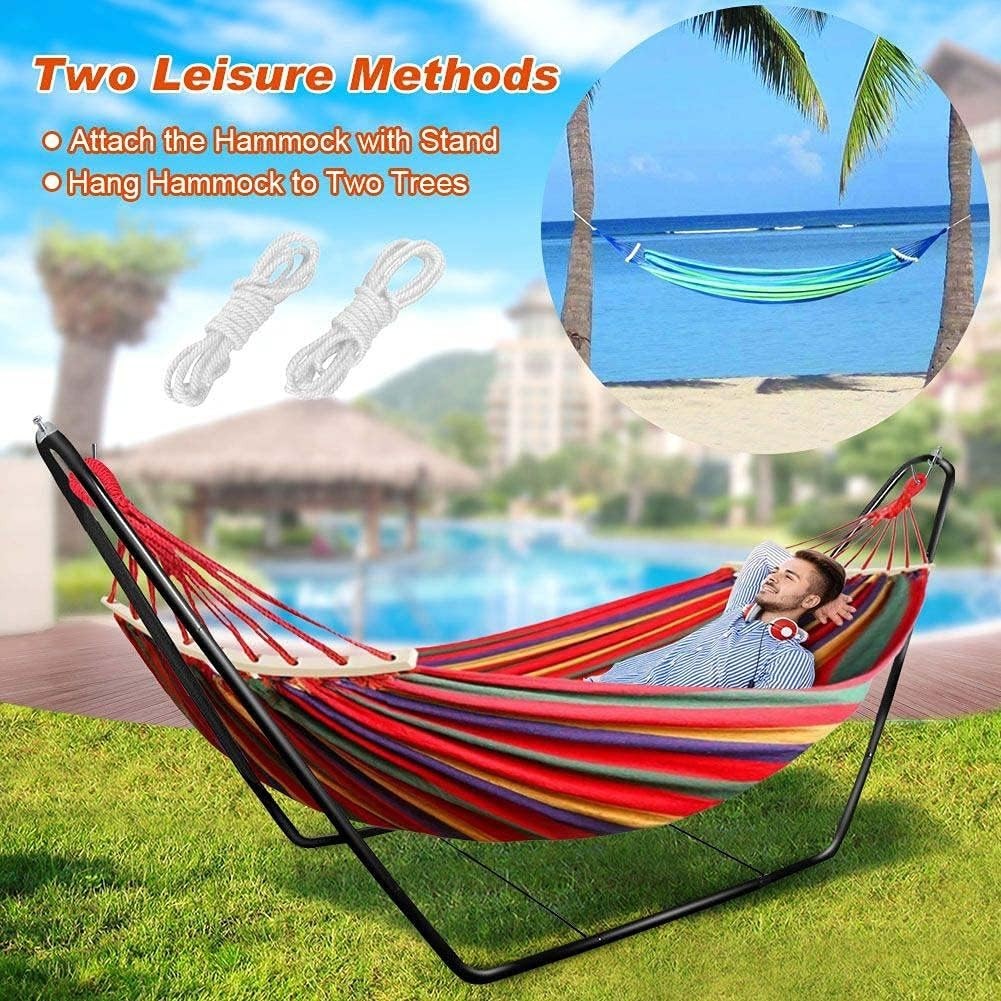 Double Cotton Hammock with Stand, Adjustable, Portable, Easy Set-Up, 200kg Capac