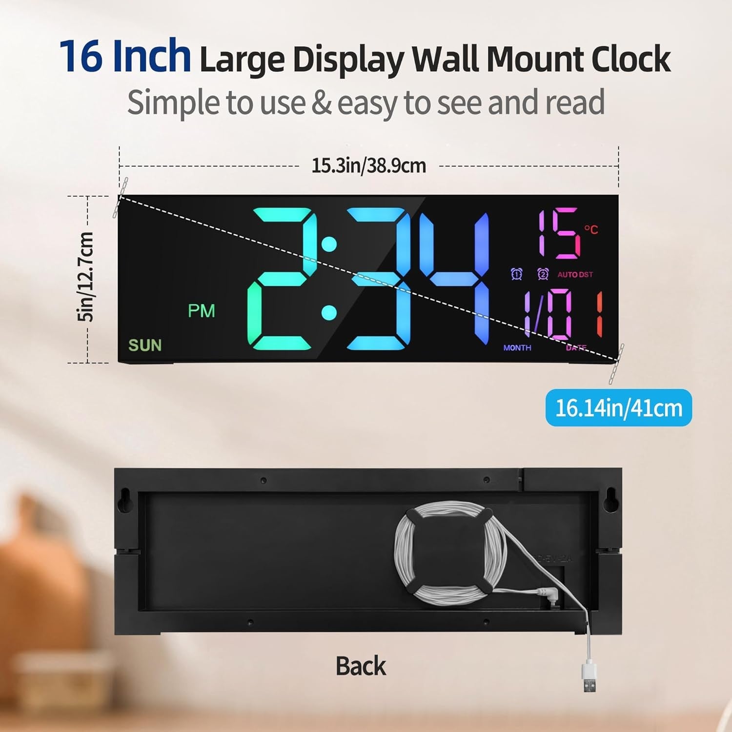 Black 16.5'' Large LED Digital Wall Clock RGB Remote Temperature Display