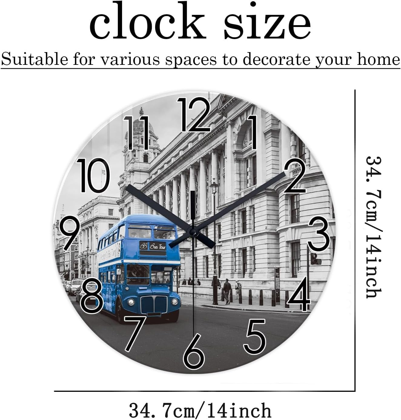 14" London Bus Wall Clock Silent Round Glass Modern Home Decor