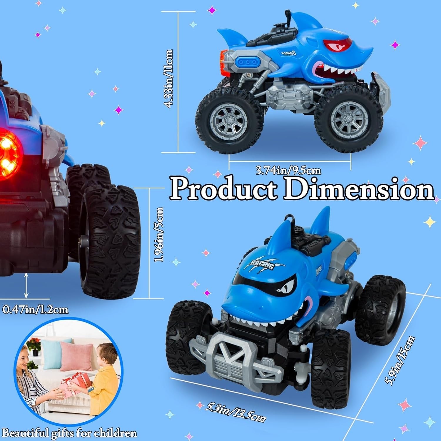 RC Monster Truck for Kids 4-12, Shark-Themed Car w/ Spray & LED Lights