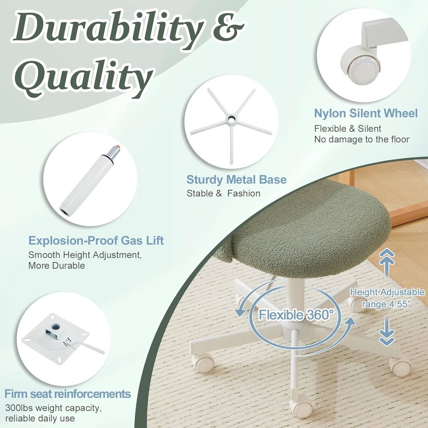 Green Teddy Fleece Swivel Desk Chair Small Adjustable Height Vanity Seat