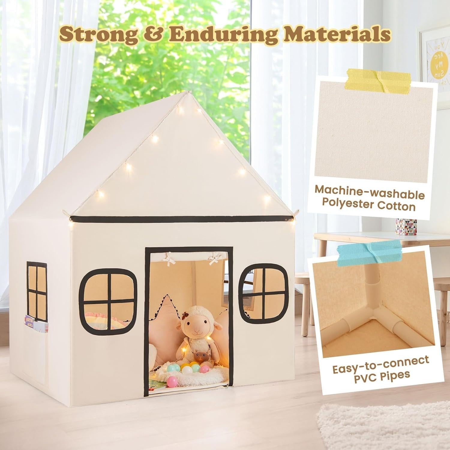 Kids Indoor Castle Tent w Star Lights Plush Mat Windows Storage