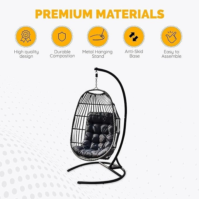 Hanging Egg Chair with Stand Rattan Swing Seat Grey Cushion Indoor Outdoor