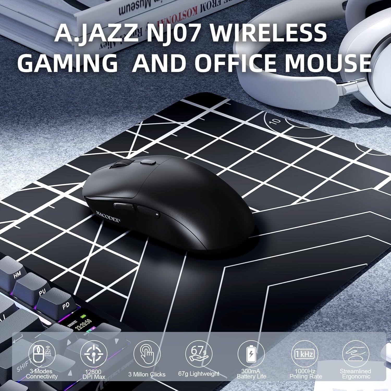 Wireless Gaming Mouse 12800 DPI Superlight 67g BT 2.4G USB-C
