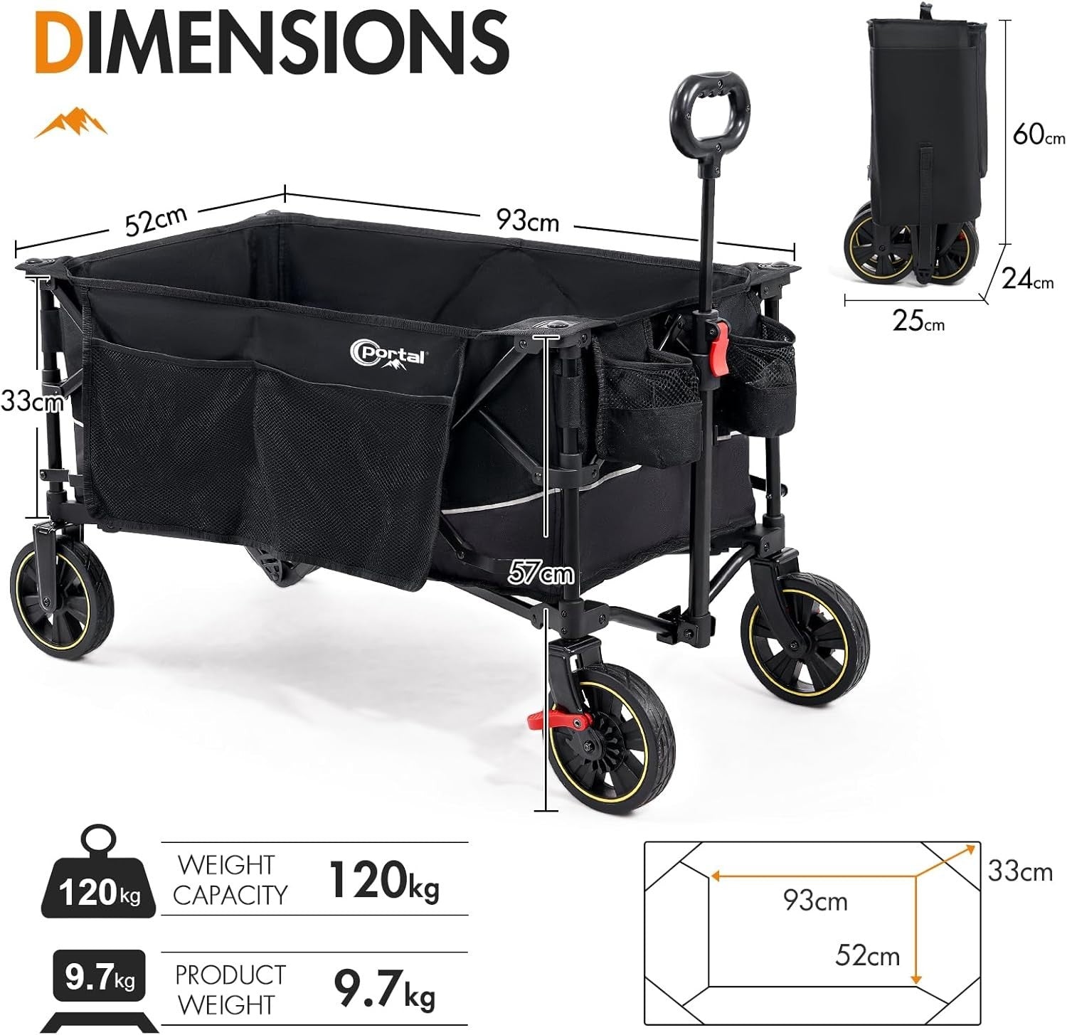 Black 200L Folding Festival Trolley Heavy Duty Camping Beach Wagon w/ Brakes