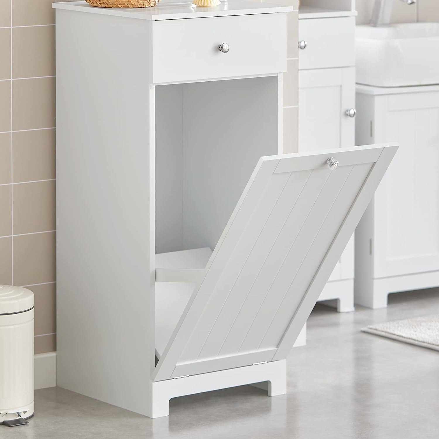Slim White Bathroom Laundry Cabinet with Tilt Hamper & Drawer 40x90cm Modern