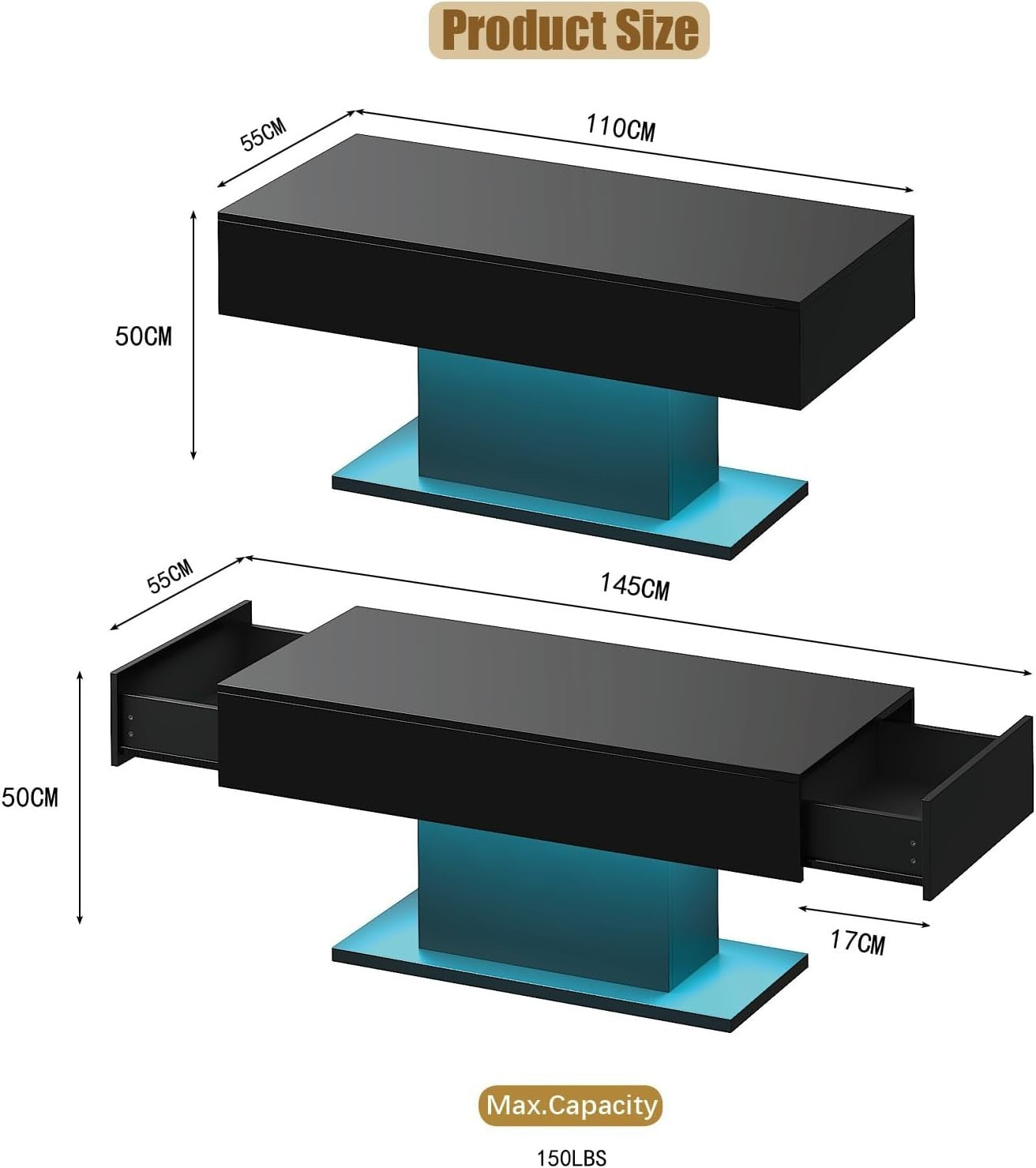 Modern LED Coffee Table with 2 Drawers, High Gloss Black 110x55cm