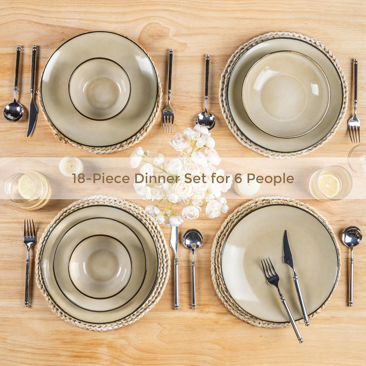 12 Piece Stoneware Dinner Plates Bowls Scratch Resistant Dishwasher Safe