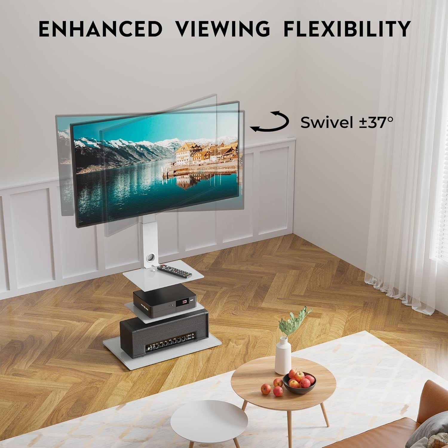Universal White TV Floor Stand 30-70" Adjustable Height Swivel 3-Tier Shelves