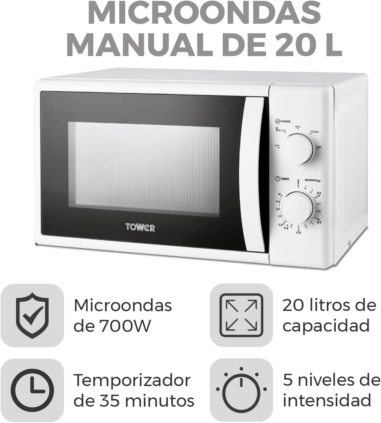 20L 700W White Manual Microwave Oven 5 Power Levels 35 Min Timer