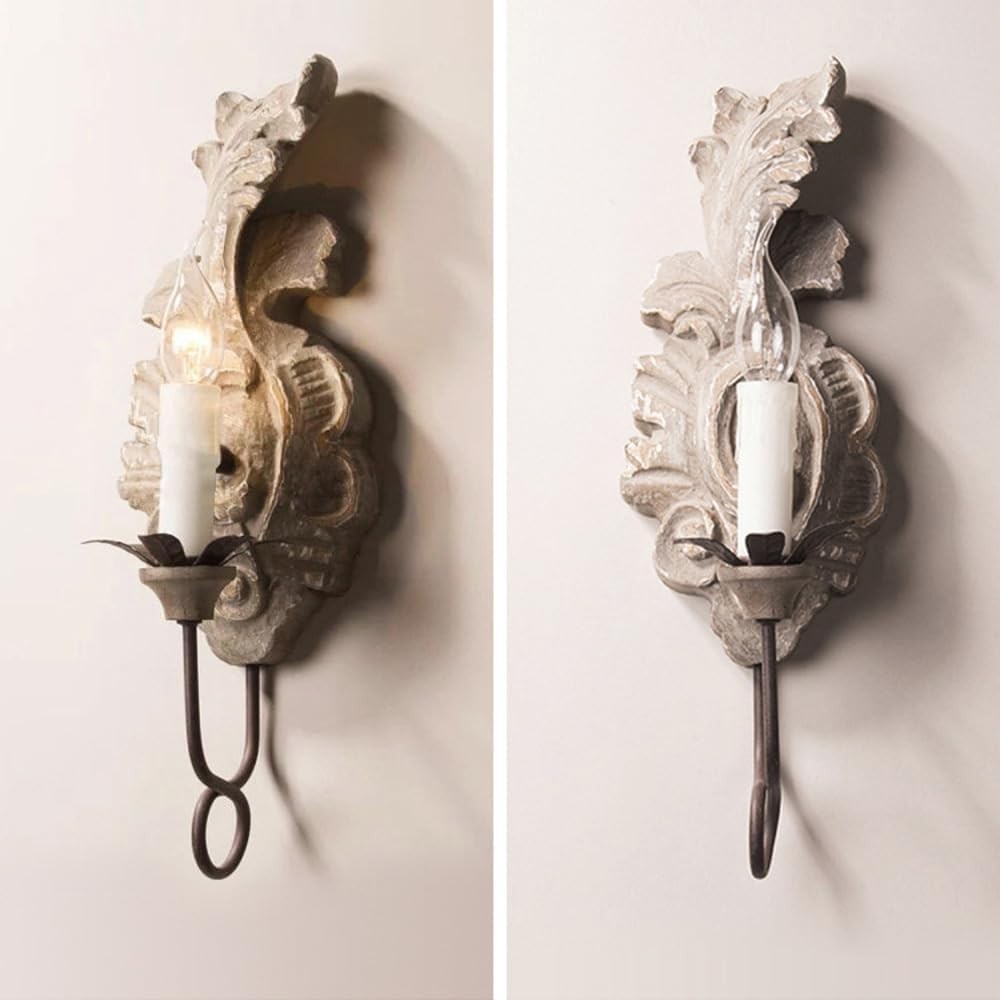 French Country Vintage Wood Wall Sconce, Antique Candle Style Light