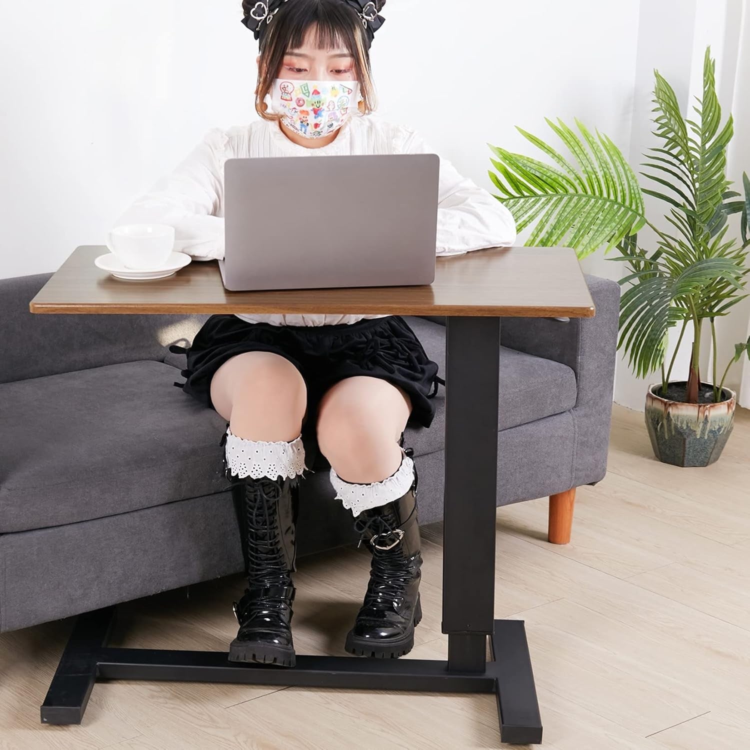 Brown Overbed Side Table C Shape Adjustable Height Rolling Laptop Desk