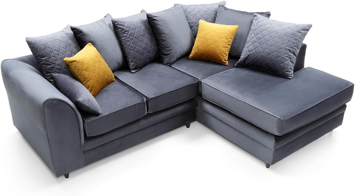 Dark Grey Right Hand L Shape Corner Sofa Velvet Water-Repellent Plush Comfort