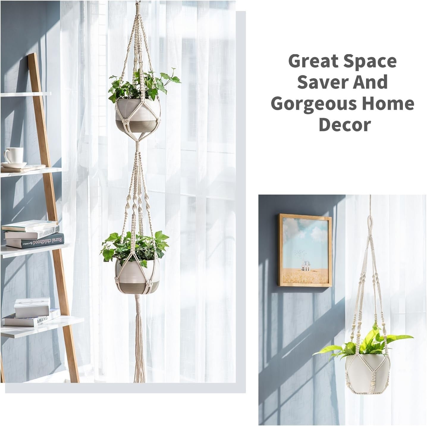 Boho Macrame Plant Hangers Set of 4 – Indoor Outdoor Cotton Pots