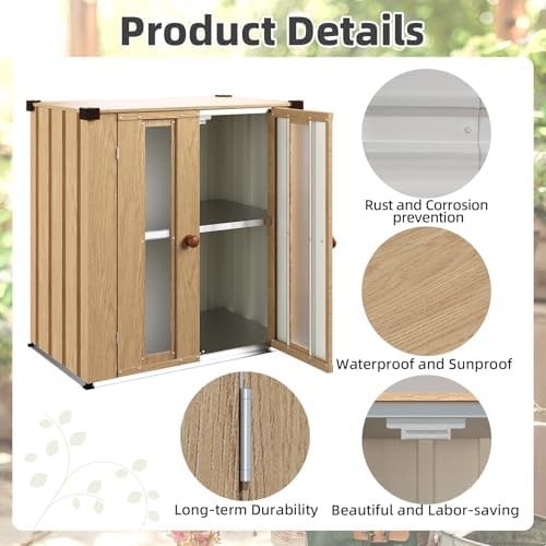 Metal Garden Storage Cabinet Outdoor Shed with Shelves & Windows Brown