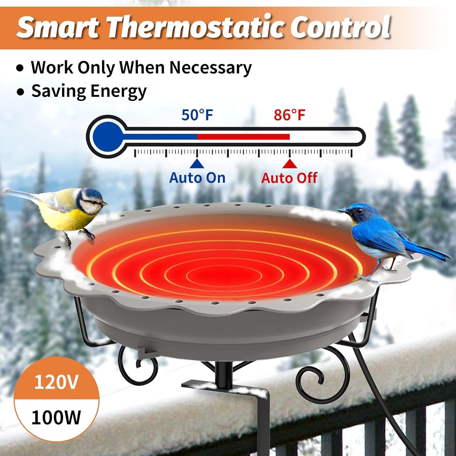 Heated Bird Bath for Winter Outdoor Deck Railing 100W Thermostat Water Heater