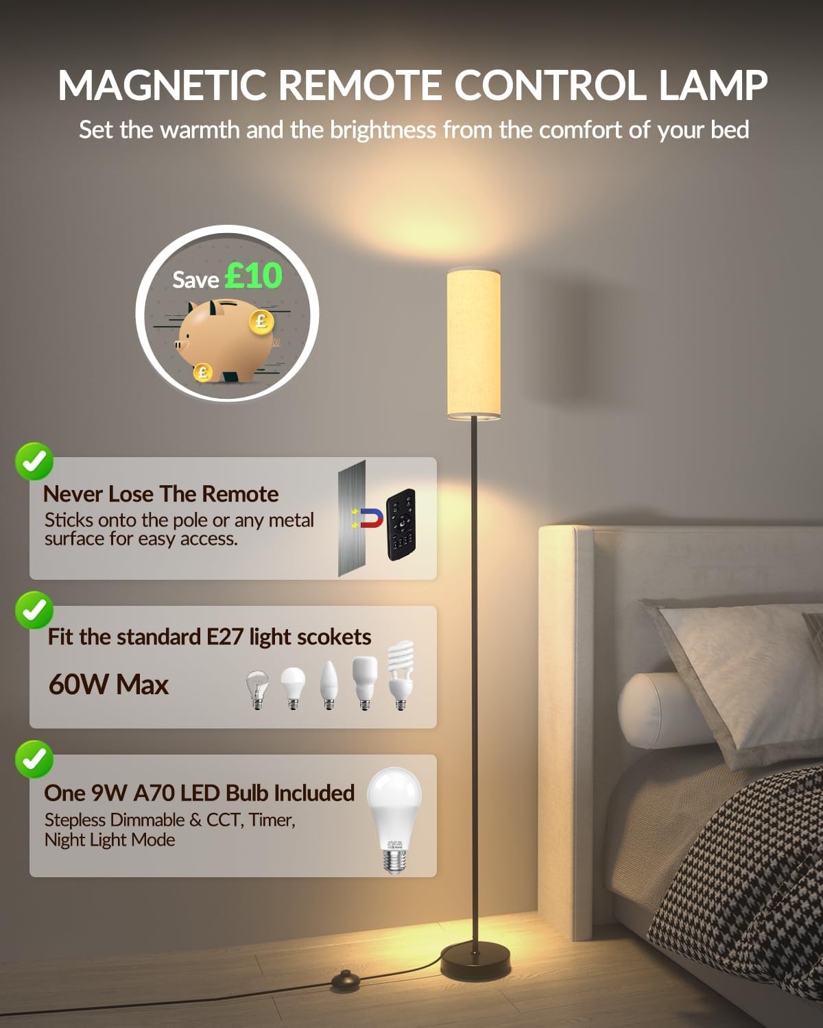 LED Floor Lamp Remote Control Dimmable Standing Light 3000–6000K 64 Inch