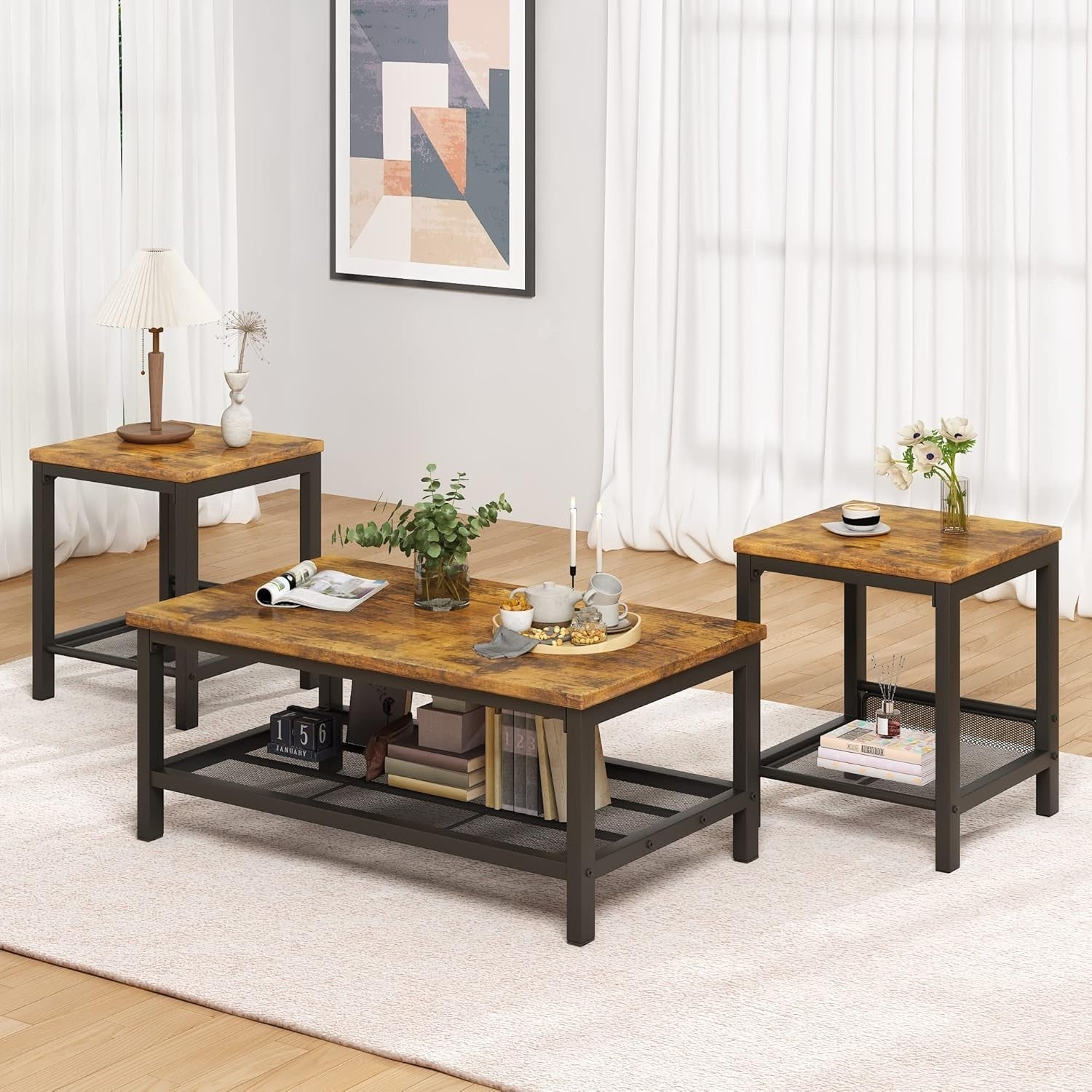 3-Piece Industrial Coffee Table Set – Rustic Wood & Metal Frame, Storage