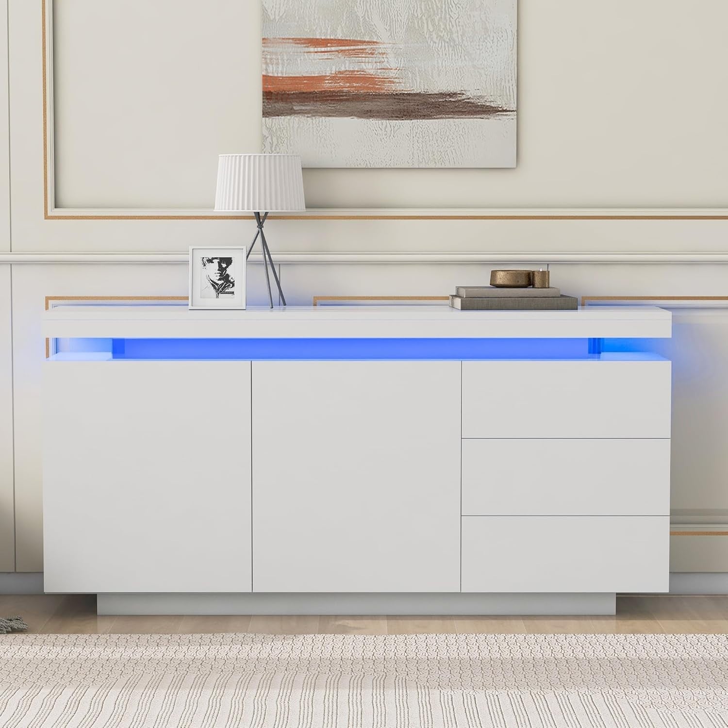High Gloss White Sideboard Cabinet with 2 Doors, 3 Drawers & LED Lights