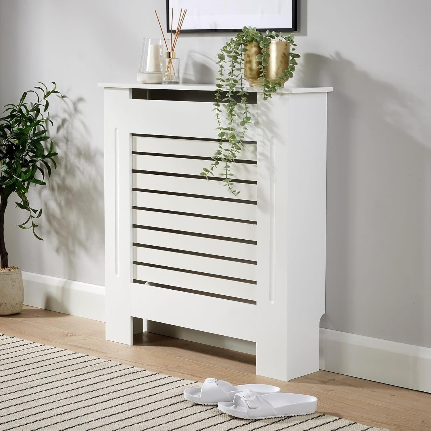 White Radiator Cover Wooden Slatted Grill Cabinet Shelf 78x19x82cm Modern