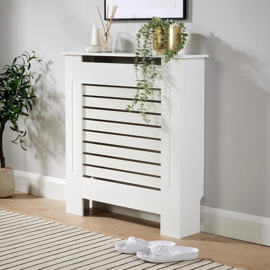 White Radiator Cover Wooden Slatted Grill Cabinet Shelf 78x19x82cm Modern