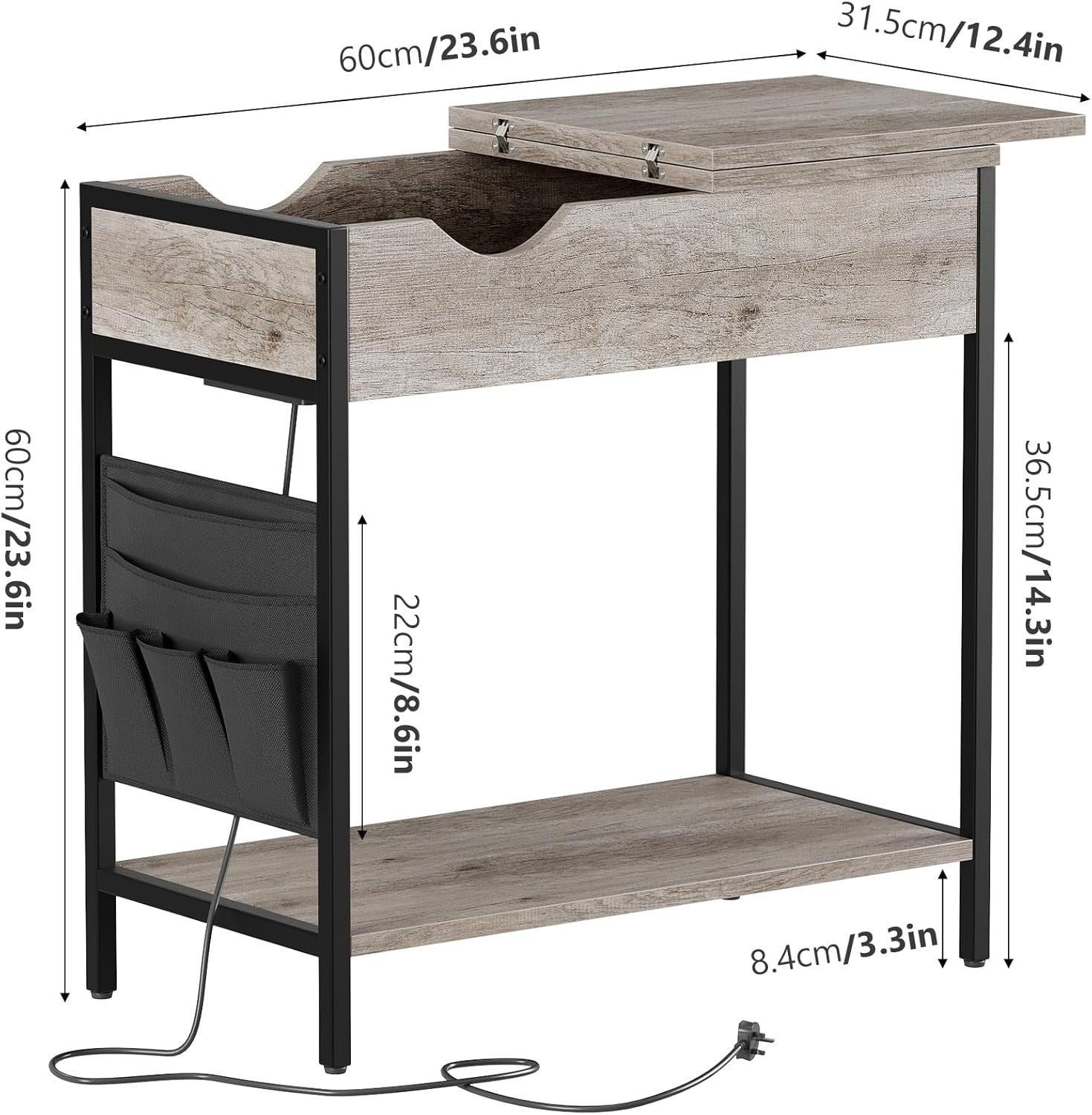 Light Wood Narrow Bedside Table with USB Charging Ports & Storage