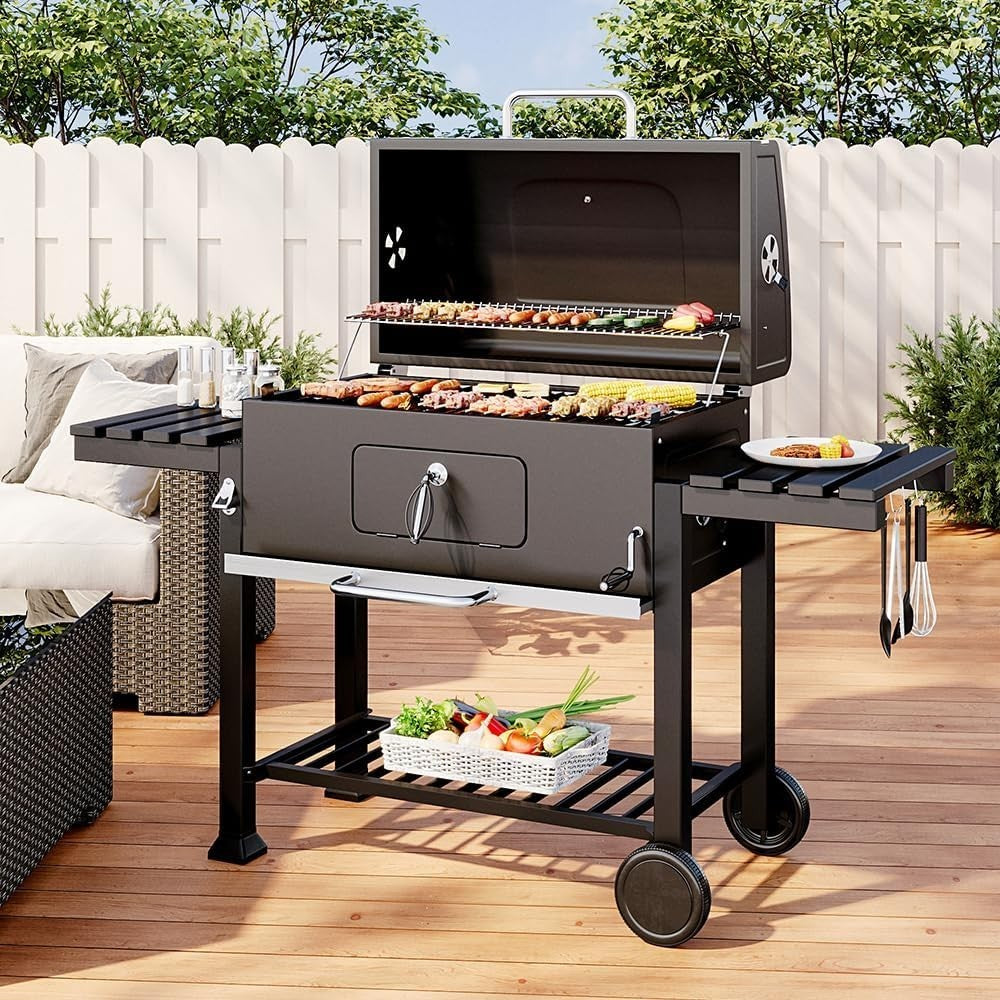 XXXL Charcoal BBQ Smoker Grill with 2 Folding Tables, Thermometer