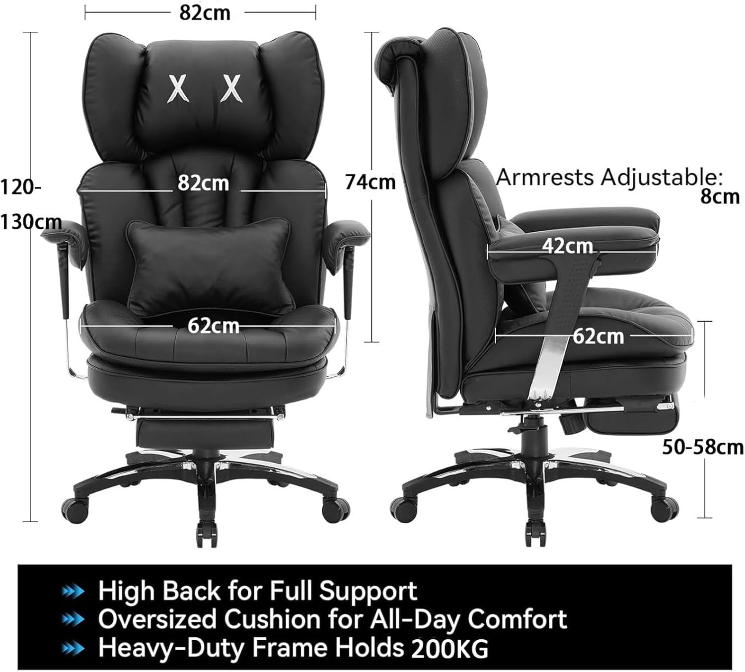 Big & Tall Gaming Office Chair 200kg Reclining w/ Footrest Black