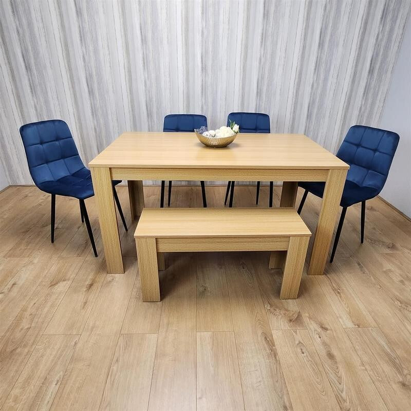 6 Seater Oak Dining Table Set with Blue Velvet Chairs & Wooden Bench