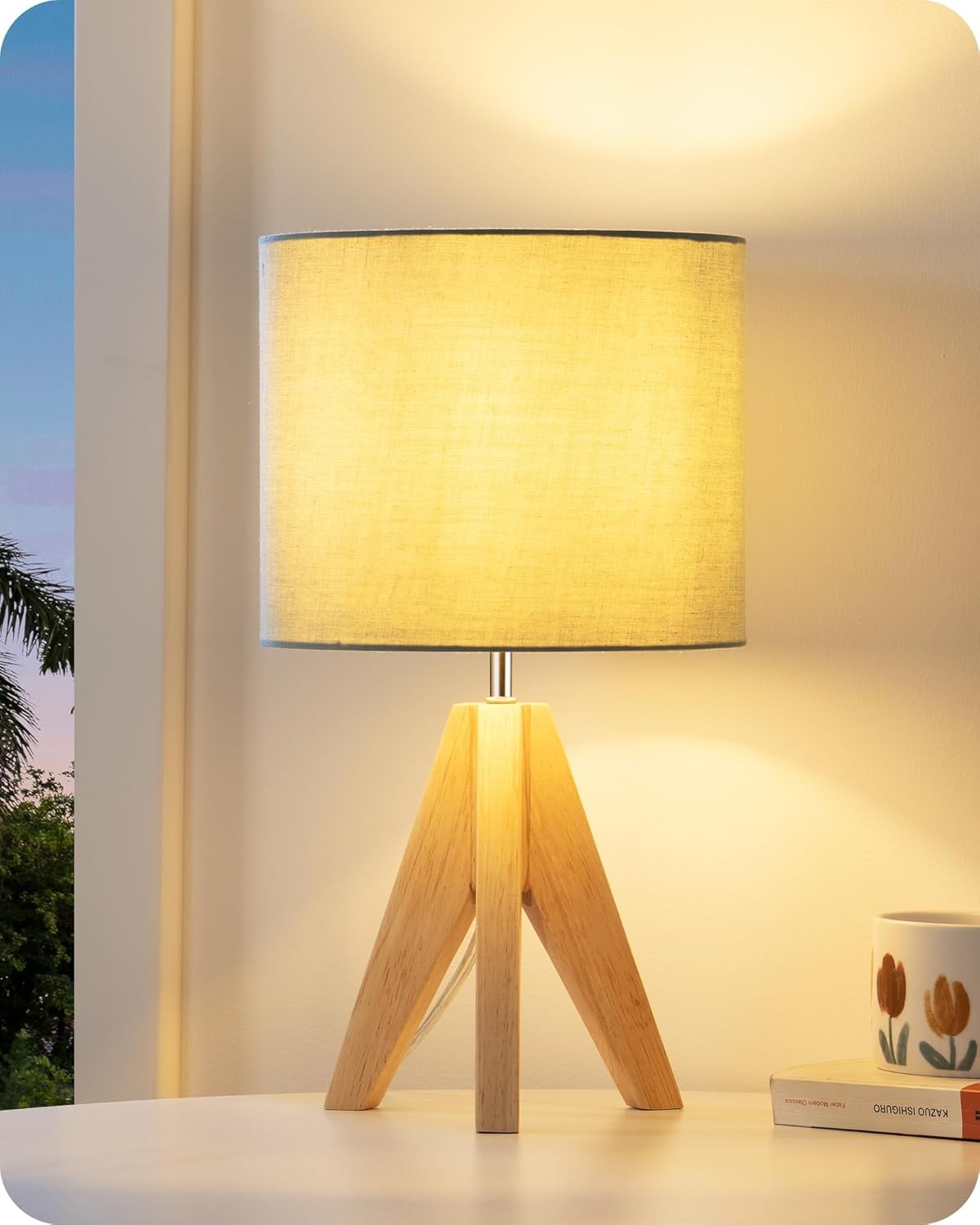 Tripod Bedside Table Lamp Green Linen Shade Wooden Base Modern Desk Light 36cm