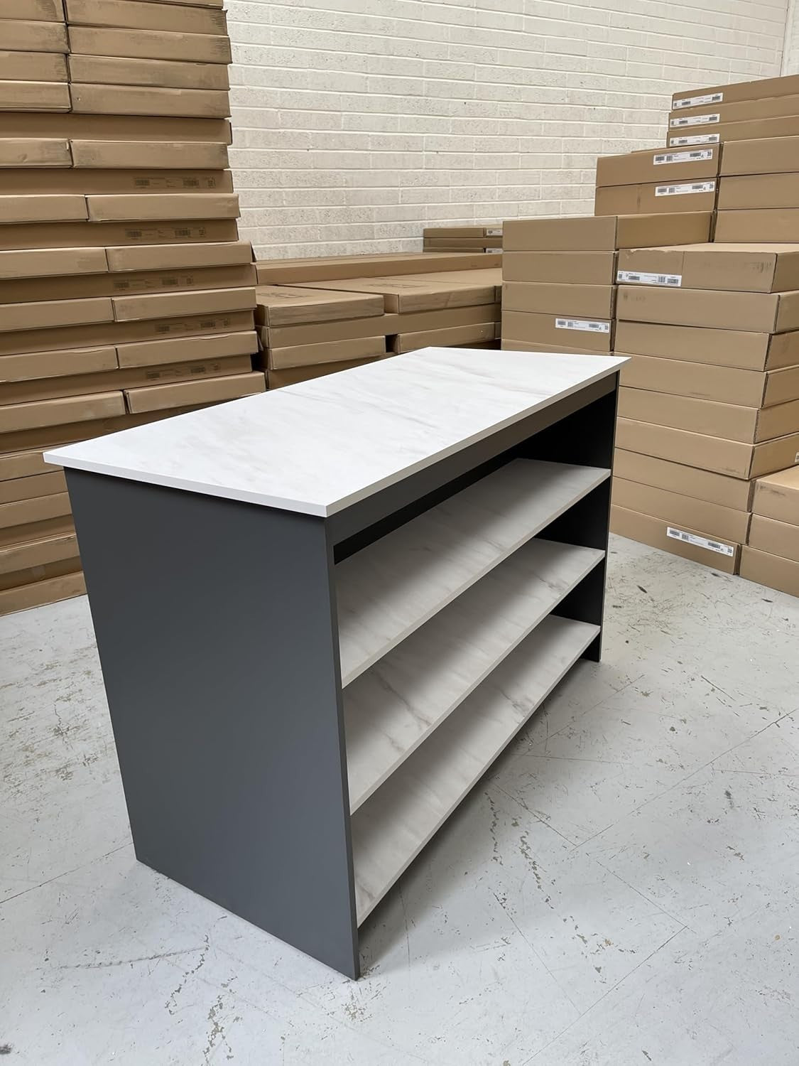Graphite & Marble Kitchen Island with Breakfast Bar, Open Shelves & Storage