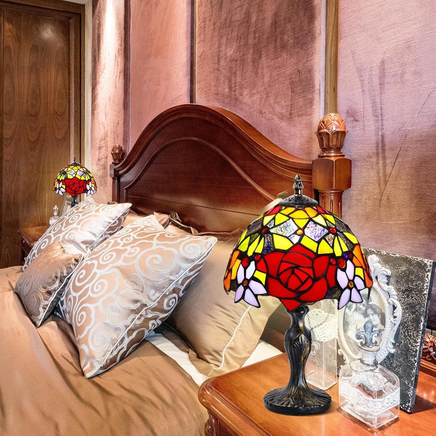 Vintage Stained Glass Table Lamp Handmade Peony Shade for Bedroom