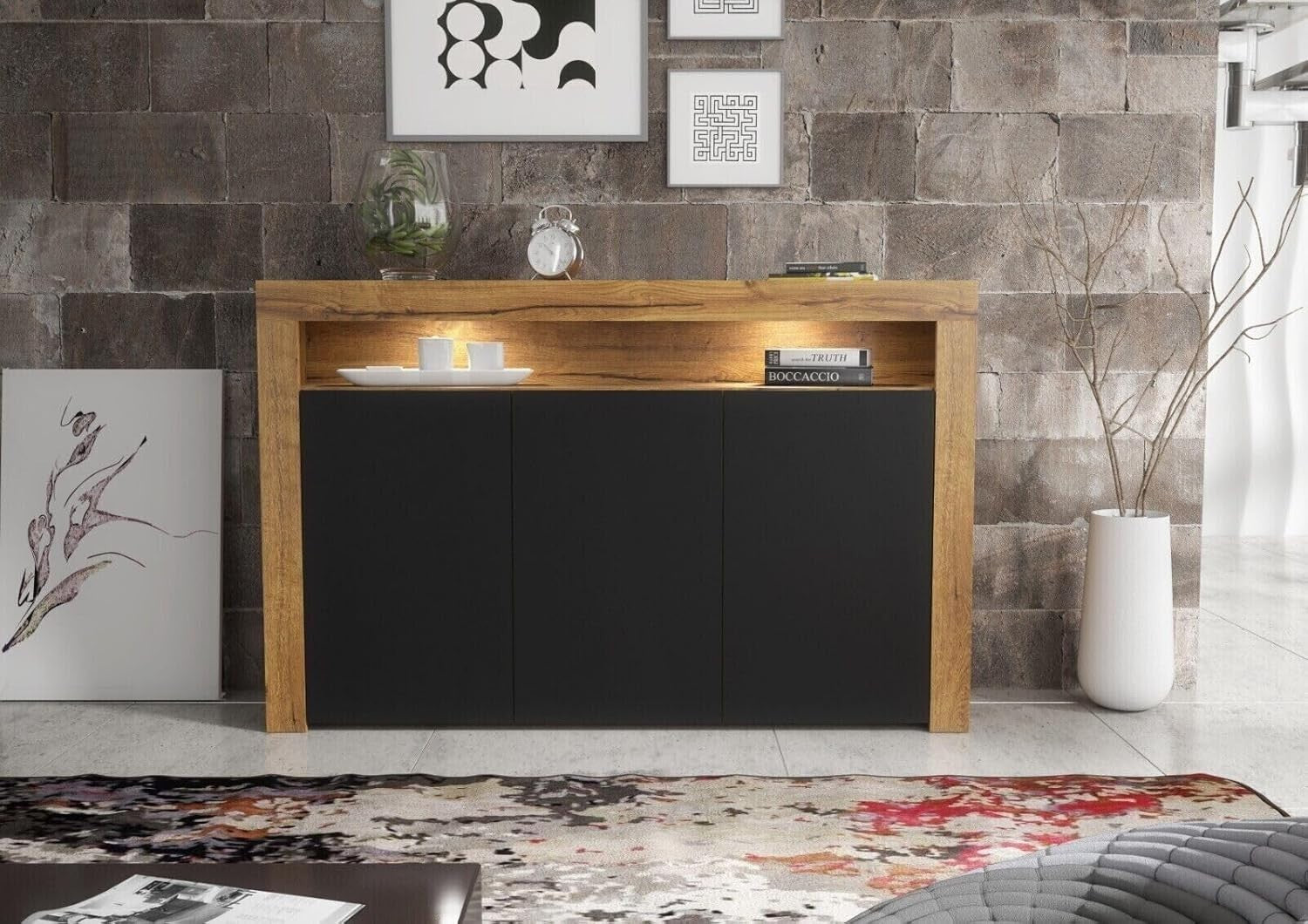 Modern 155cm Sideboard Dark Oak Black Matt Doors LED Storage Cabinet